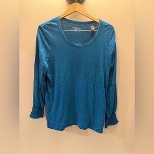 Chicos Blue Cotton Modal Slub Knit Scoop Neck Smocked‎ Cuff Top Size 2 Large